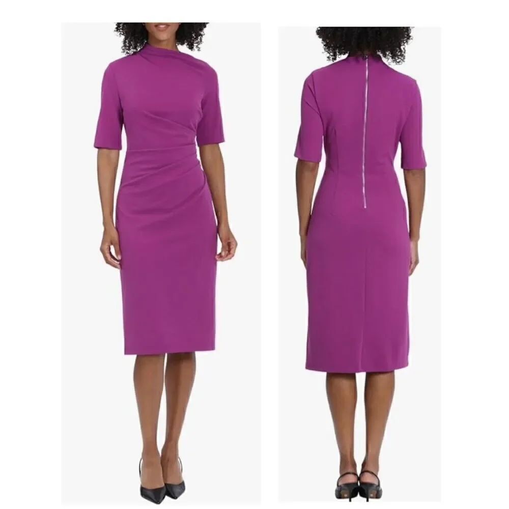Maggy London Women's Side Pleat Dress with Asymmetric Neck and Elbow Sleeves